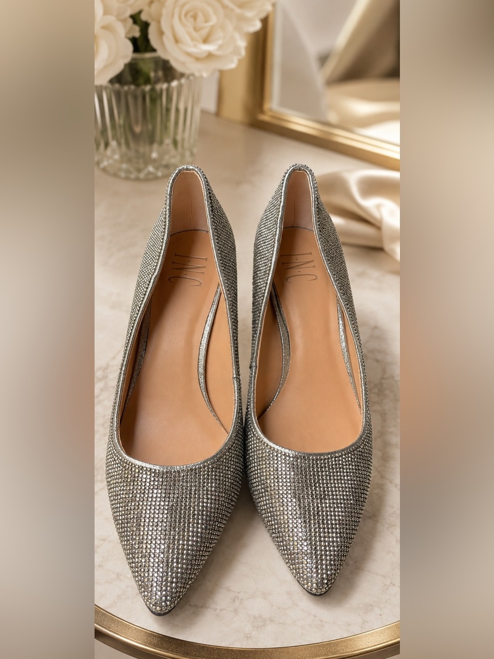 INC International Concepts Silver Rhinestone Pointed Flats